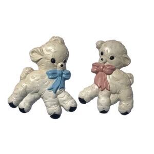 Vintage Homco Small Baby Lamb Wall Art Plaque Set Pink Blue Boy Girl Nursery USA